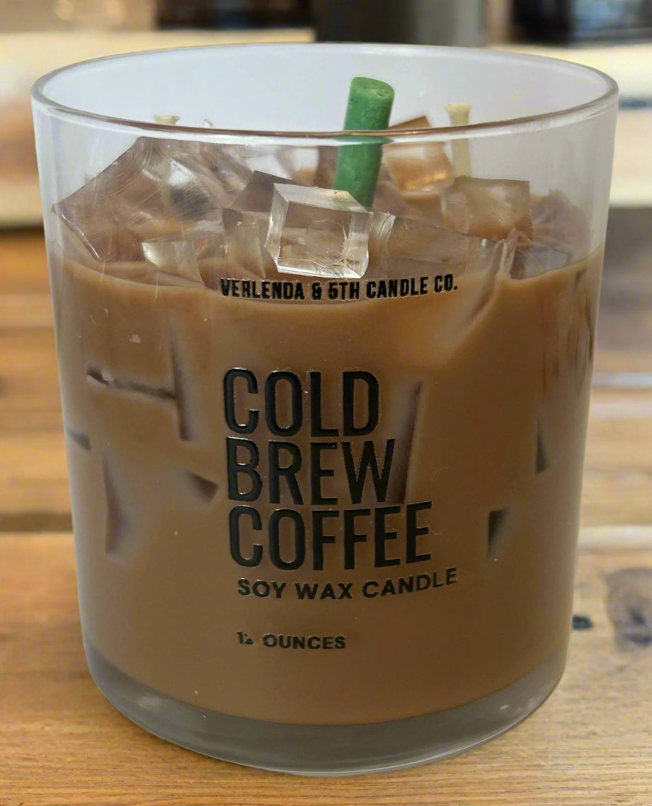 Cold brew coffee candle with 'Verlinda & 6th Candle Co.' branding on a white background